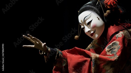 Traditional Japanese girl puppet doll wearing classic red floral kimono posing reaching out on black background with copy space. photo