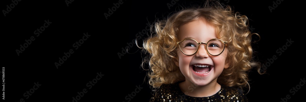 Happy joyful cute little girl with curly blond long hair, wearing golden framed glasses isolated on black background with golden glitters, with copy space, Black Friday happy shopping concept. Happy joyful cute little girl with curly blond long hair, wearing golden framed glasses isolated on black background with golden glitters, with copy space, Black Friday happy shopping concept.
