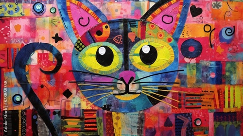 Colorful cloth collage artwork of a cat  contemporary art  home decoration of a cat.