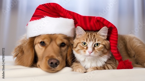  Cat and dog Dressed up as Santa cuddling each other under a shiny sparkling Christmas tree, funny xmas animals banner. © JW Studio