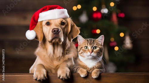  Cat and dog Dressed up as Santa cuddling each other under a shiny sparkling Christmas tree, funny xmas animals banner.
