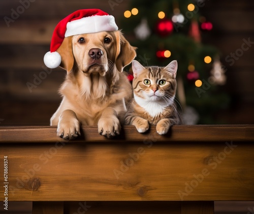  Cat and dog Dressed up as Santa cuddling each other under a shiny sparkling Christmas tree, funny xmas animals banner.