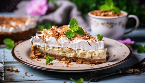 Scrumptious coconut cream pie with a velvety filling on a charming rustic wooden background
