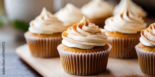 Pumpkin cupcakes on a white table topped with cream cheese frosting and dusted with cinnamon