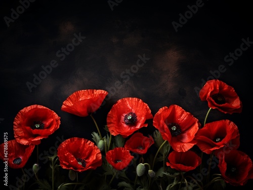 Red poppies on black background. Remembrance Day, Armistice Day symbol, red flower frame with copy space.