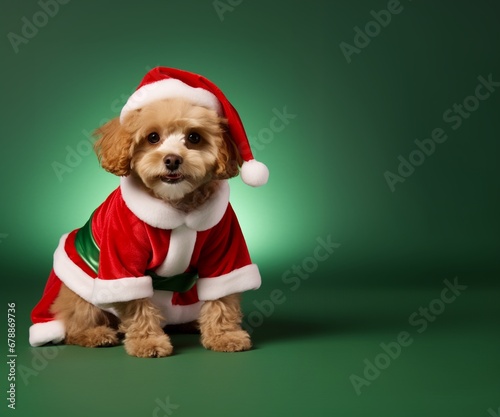Adorable puppy in Christmas holiday costume and Santa's hat watching and smiling to the camera isolated on green studio background with copy space.