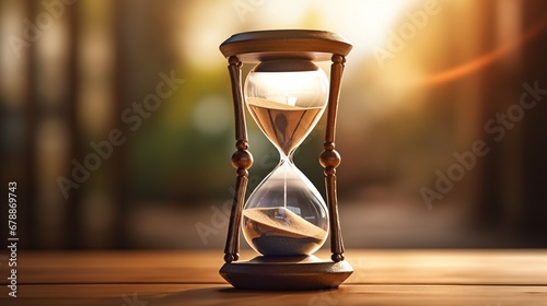 Hourglass on the background of a sunset. The value of time in life. Concept of time saving, retirement and time, with copy space.