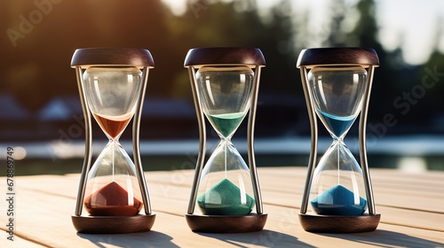Sand falling in the three hourglass, concept of time running out, time flies. photo