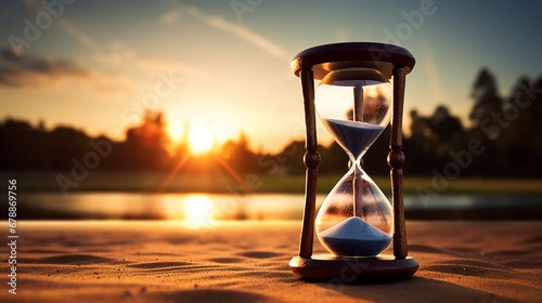 Hourglass on the background of a sunset. The value of time in life. Concept of time saving, retirement and time, with copy space.