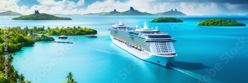 Aerial view of cruise ship sailing through a stunning south seascape with paradise islands