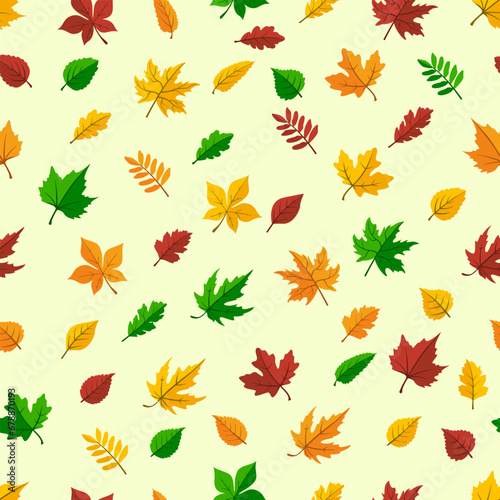 Colorful leaves arrangement on a bright color seamless pattren design.