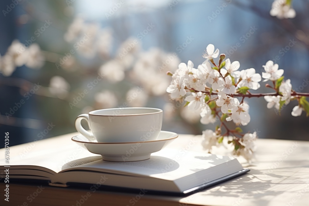 Tranquil white coffee cup and book immersed in the ambiance of a refreshing spring day Tranquil white coffee cup and book immersed in the ambiance of a refreshing spring day