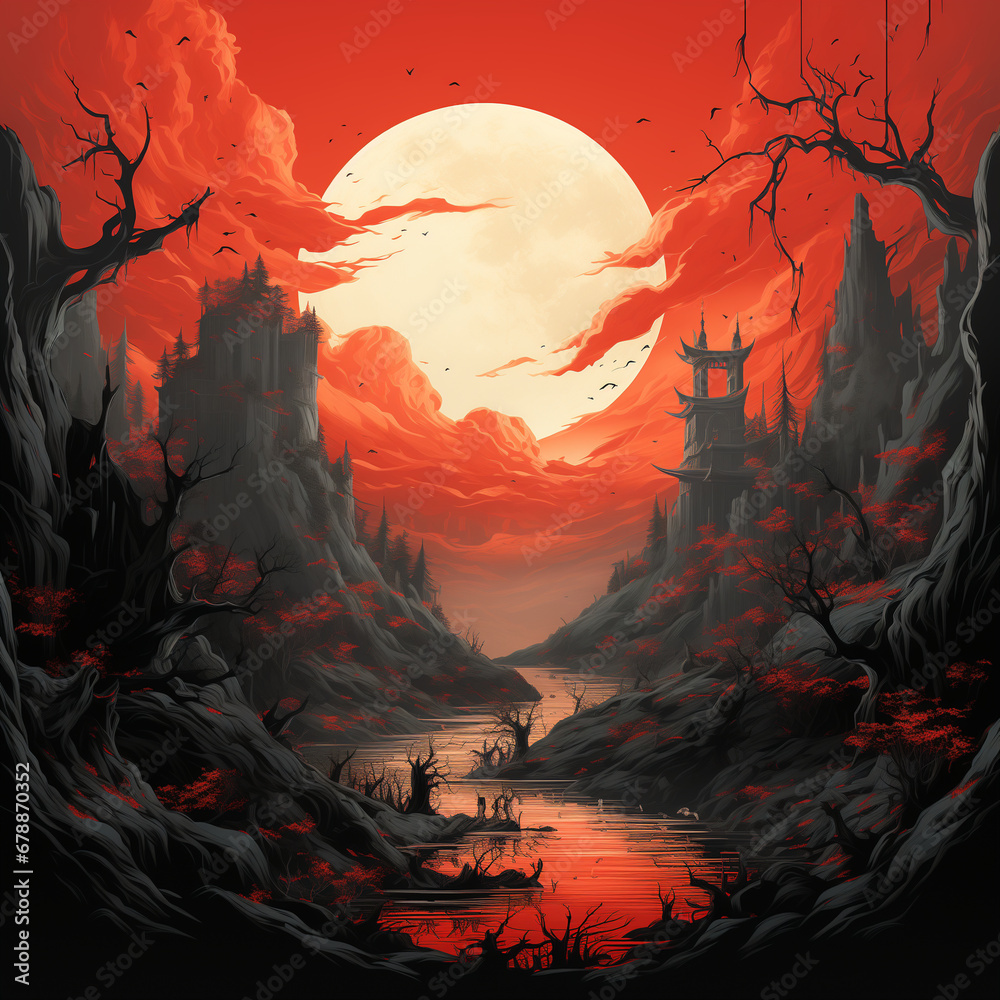 red full moon on tree forest with tree, the style of landscape painter, traditional chinese landscape, adventure pulp, fluid landscapes, dramatic cityscapes, detailed character design, dark orange and red full moon on tree forest with tree, the style of landscape painter, traditional chinese landscape, adventure pulp, fluid landscapes, dramatic cityscapes, detailed character design, dark orange and