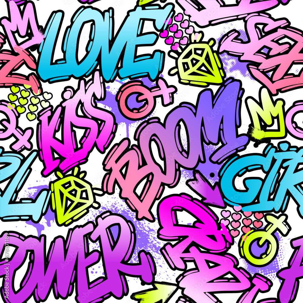 Fototapeta premium Abstract seamless chaotic pattern with urban elements, graffiti, words. Grunge neon texture background. Wallpaper for girls. Fashion style