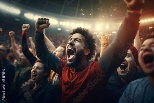 Man cheering in the crowd at a sports event in an arena, excitement, and joy in the air