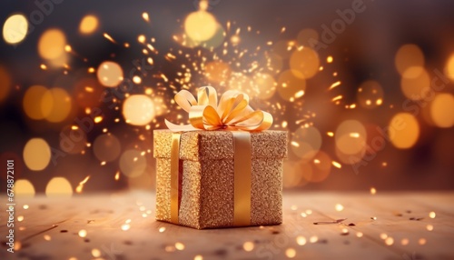 Elegant white gift box with red ribbon, festive lights backdrop in soft luminous hues © Ilja