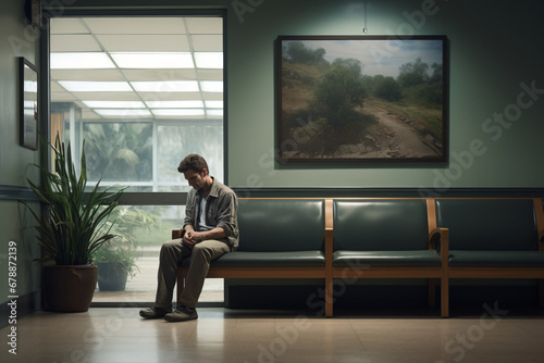 Nervous man sitting in the waiting area of a hospital