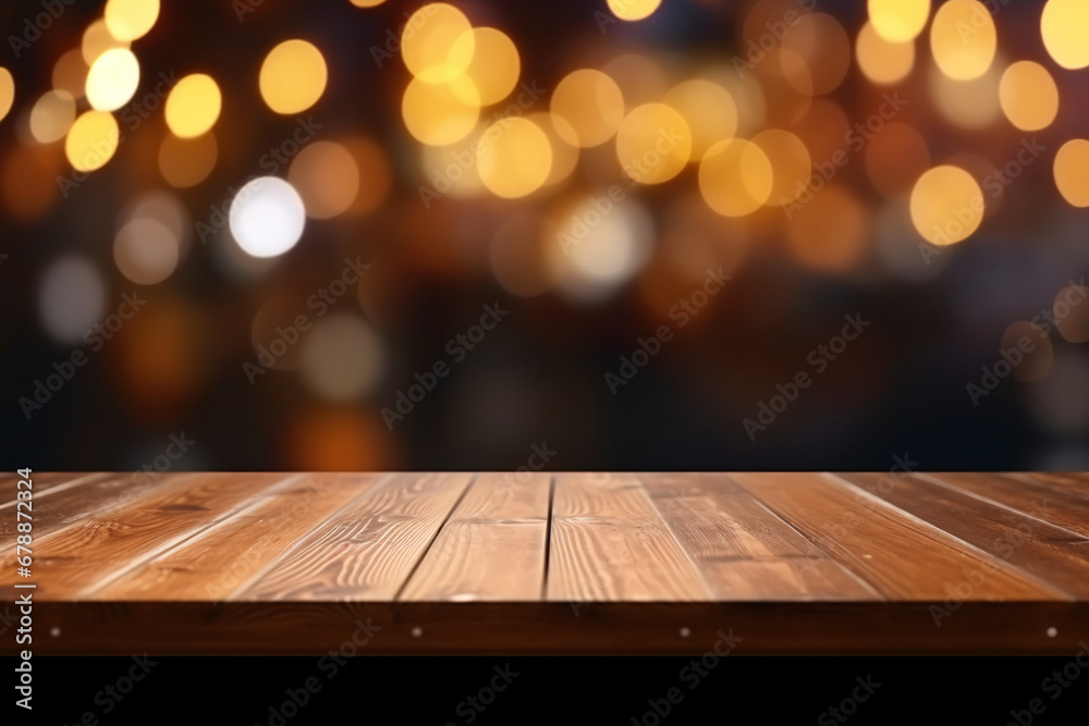 Wooden tabletop in the front. Product mockup, abstract blur bokeh banner background. Silver bokeh on defocused silver background