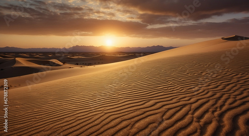 An expansive, arid desert landscape, where the sun casts long shadows on the rolling sand dunes - AI Generative