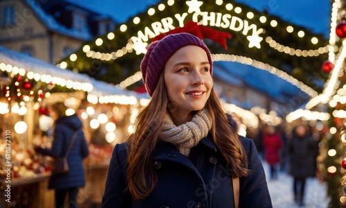 Girl walks through Christmas market decorated with festive lights at the evening. Winter holidays. Walk through streets of city at Christmas © useful pictures