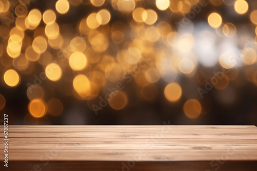 Wooden tabletop in the front. Product mockup  abstract blur bokeh banner background. Silver bokeh on defocused silver background