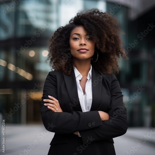 Young happy african american professional business woman, happy confident positive female entrepreneur standing outdoor on street arms crossed, looking at camera. Female leadership. Generative AI