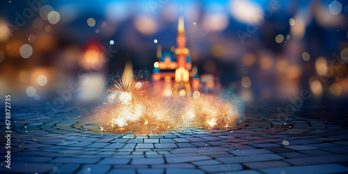 Happy new year background with street atmosphere and fireworks and bokeh with copy space. Holiday wallpaper concept. AI generated.