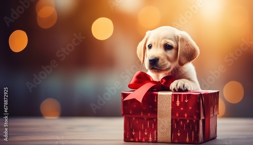 Labrador puppy in gift box, enchanting holiday backdrop, bright photo with text placement space photo
