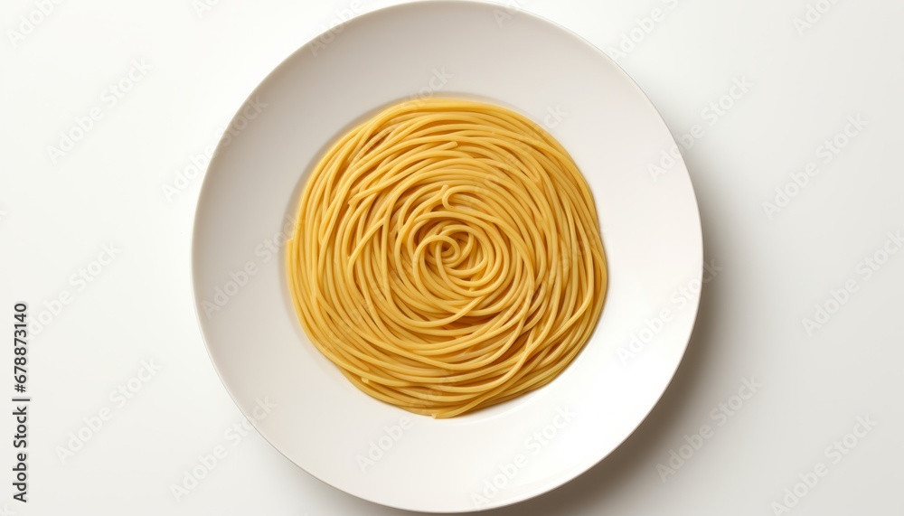 Top view of italian spaghetti pasta on white plate with copy space on left for text placement Top view of italian spaghetti pasta on white plate with copy space on left for text placement