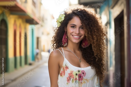 Smiling beautiful young tropical woman posing looking at the camera