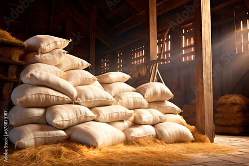 Cozy barn with stacked hay inside. Yellow hay in a farm barn. Hay bales and dried hay in sacks