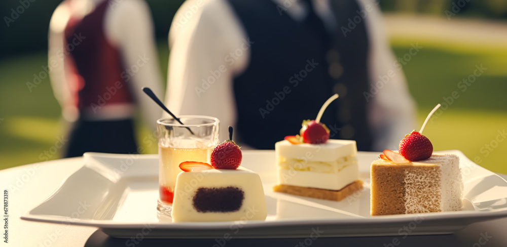 Luxury food service, desserts by a waiter at a wedding celebration or formal event in classic English style at luxurious hotel or country estate, generative ai