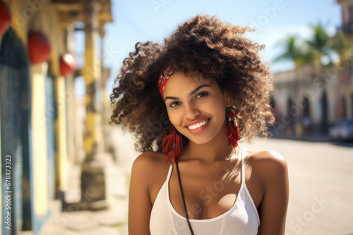 Smiling beautiful young tropical woman posing looking at the camera photo