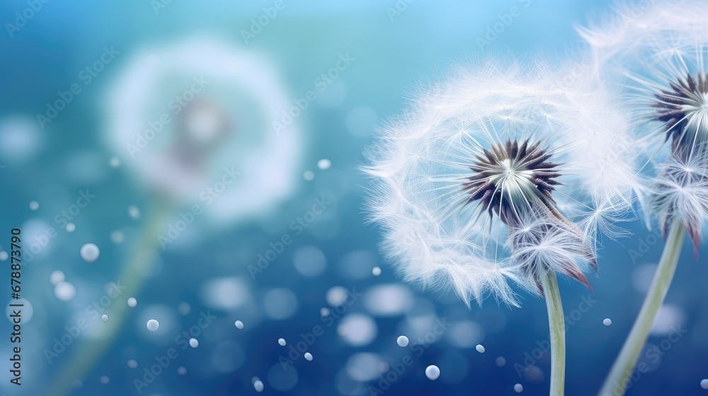 Beautiful dandelions, blue summer background, macro Beautiful dandelions, blue summer background, macro