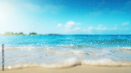 Beautiful background image of tropical beach. Bright summer sun over the ocean. Blue sky with light clouds  turquoise ocean with surf and clear white sand