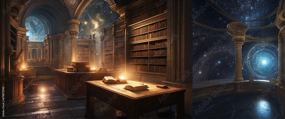 A cosmic library at the edge of the universe, where sentient books whisper ancient secrets, and ethereal librarians guide visitors through the corridors of infinite knowledge - AI Generative