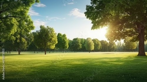 Beautiful summer landscape with green foliage in the park photo
