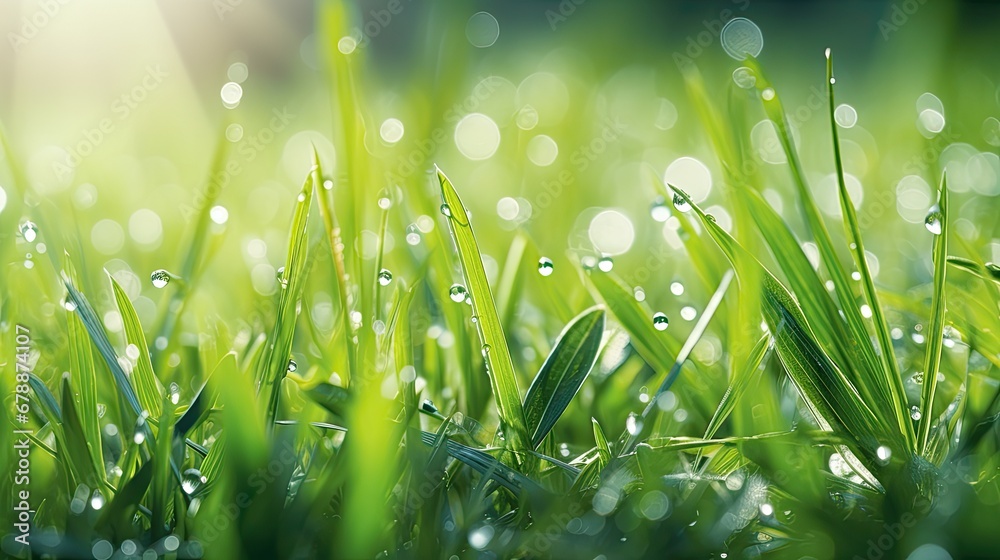 Fototapeta premium beautiful wide-format photo of green grass close-up in an early spring or summer morning
