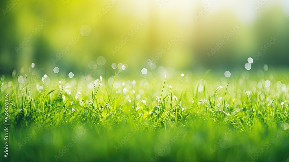  beautiful wide-format photo of green grass close-up in an early spring or summer morning 