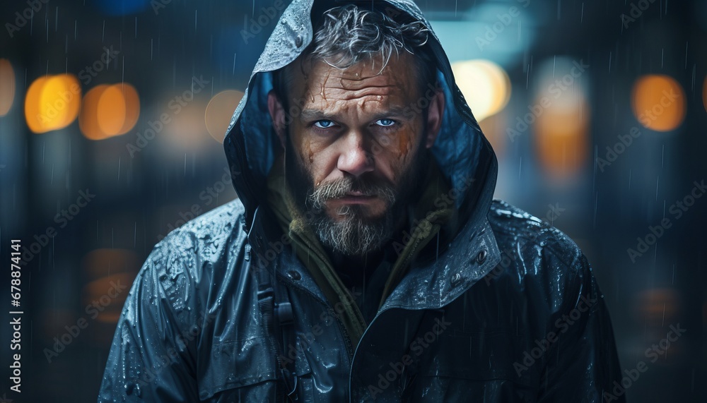 Stylish man with dark blue umbrella walking in rain with copy space for text or design Stylish man with dark blue umbrella walking in rain with copy space for text or design