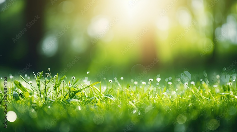  beautiful wide-format photo of green grass close-up in an early spring or summer morning  - obrazy, fototapety, plakaty 