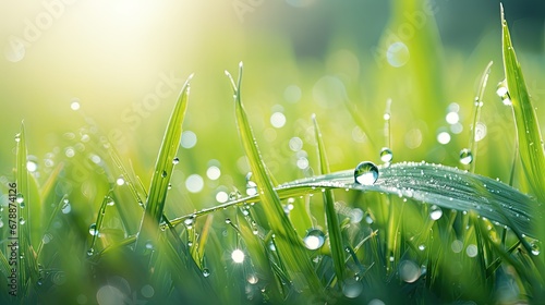  beautiful wide-format photo of green grass close-up in an early spring or summer morning 