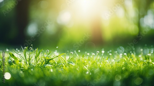  beautiful wide-format photo of green grass close-up in an early spring or summer morning  photo