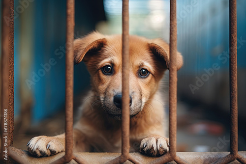 Dog puppy behind bars in animal shelter. Abandoned animals. Generative Ai photo