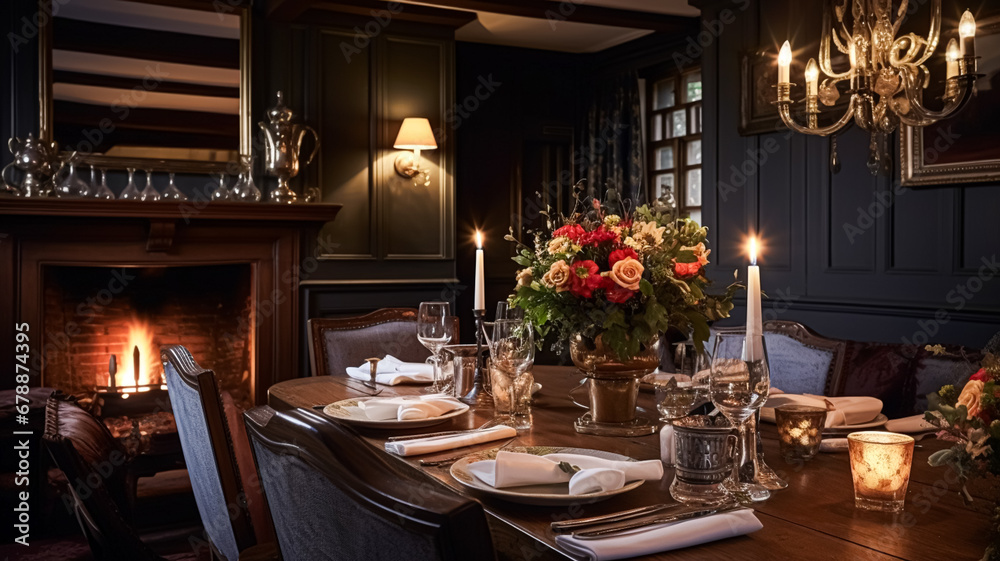 Holiday celebration table decor, festive tablescape in dining room, candles and flowers decoration for formal family dinner in the English country house, countryside interior design Holiday celebration table decor, festive tablescape in dining room, candles and flowers decoration for formal family dinner in the English country house, countryside interior design