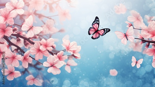 Branch of the blossoming sakura and three butterflies photo