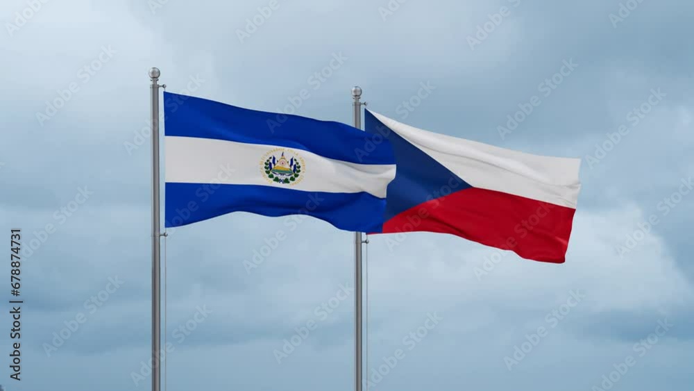 Czech Republic flag and El Salvador flag waving together on cloudy sky, endless seamless loop, two country relations concept Czech Republic flag and El Salvador flag waving together on cloudy sky, endless seamless loop, two country relations concept