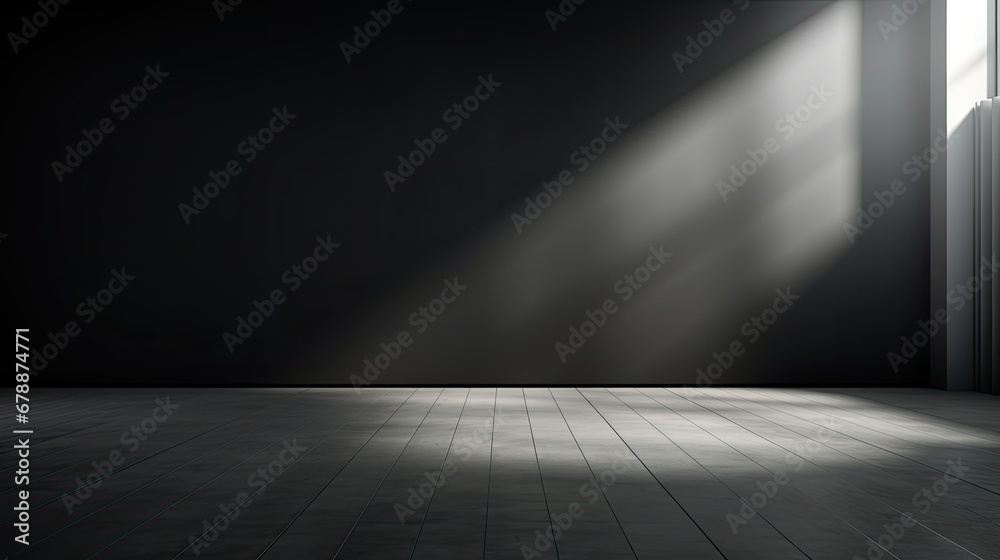 empty black room with wooden floor and light glare for product display - obrazy, fototapety, plakaty 