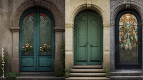 An old green door in a building and flowers on the side - AI Generative © Being Imaginative