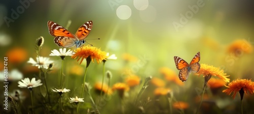 Picturesque summer meadow with vibrant flowers, fluttering butterflies, and generous text space © Ilja
